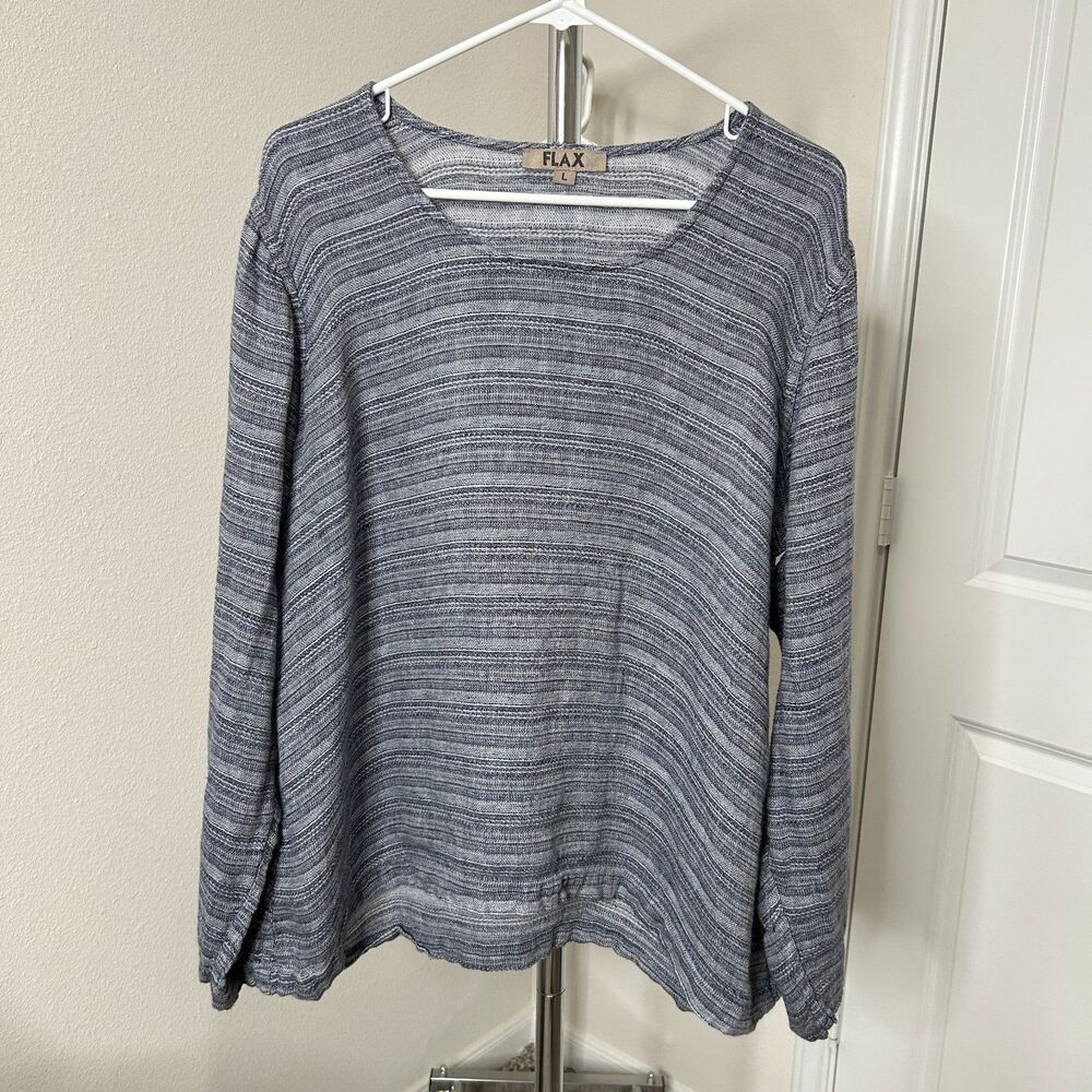 FLAX Top Womens L Blue Slub Life Is Choice Long Sleeve Linen Lagenlook Minimal